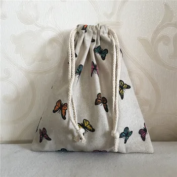 

YILE Cotton Linen Drawstring Multi-purpose Organizer Bag Party Gift Bag Cell Phone Key Coin Bag Butterfly N8502a
