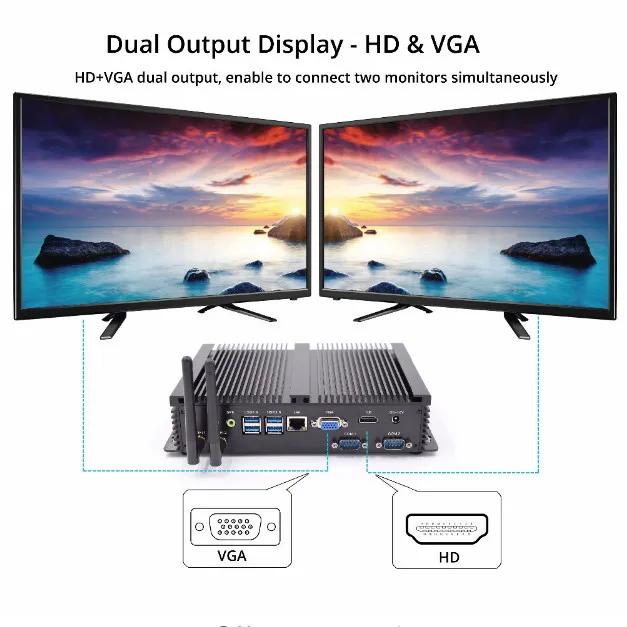 Eglobal 2*RS232 COM Port 1*VGA 1*HDMI Industrial 2 Ethernet Mini PC with Intel i7 7200u 6200u 5250U i3 6006U Barebone PC