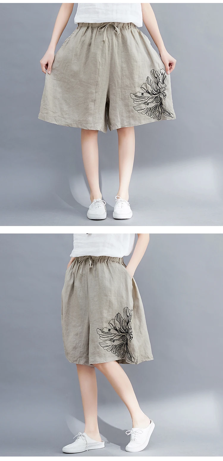 Пояс с эластичной талией шорты женские винтажные вышивка хлопок лен шорты 2019 модные летние свободные шорты