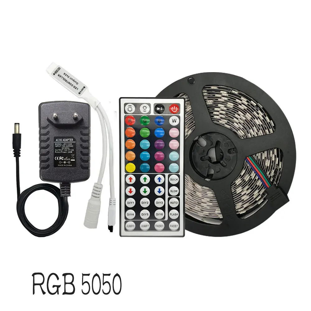 Светодиодный светильник RGB SMD 5050 гибкая лента 30 светодиодов/м 5 м 10 м 15 М лента диод DC 12 В Светодиодная лента, светодиодный контроллер+ адаптер - Испускаемый цвет: RGB 5050