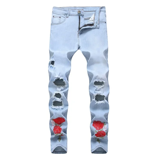 Рваные джинсы с вышивкой Для мужчин с цветочным рисунком и вышивкой; с розами Для Мужчин's джинсовая куртка с дырками женские Стрейчевые джинсы-скини пуш-ап размер 42, джинсовые штаны - Цвет: 1868