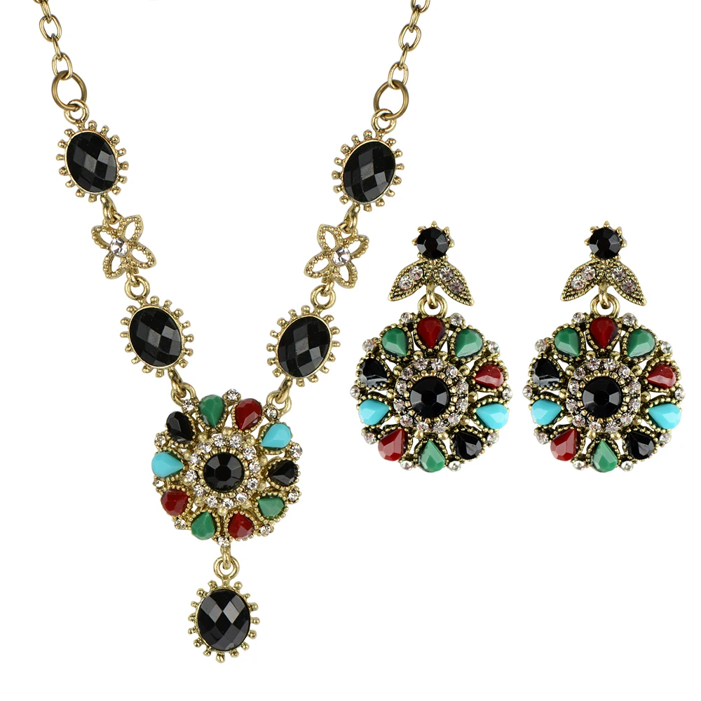 Meyfflin Women Jewelry Set Vintage Round Crystal Statement Necklace and