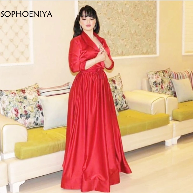 

New Arrival V Neck Long sleeve muslim evening dress Red ever pretty evening gowns for women Avondjurk vestidos de noche
