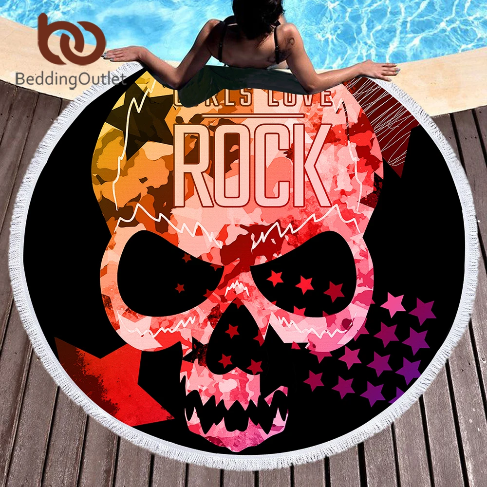 

BeddingOutlet Skull Round Beach Towel for Woman Microfiber Girls Love Rock Summer Towel Toalla Pink Stars Pentagram Gothic Mat