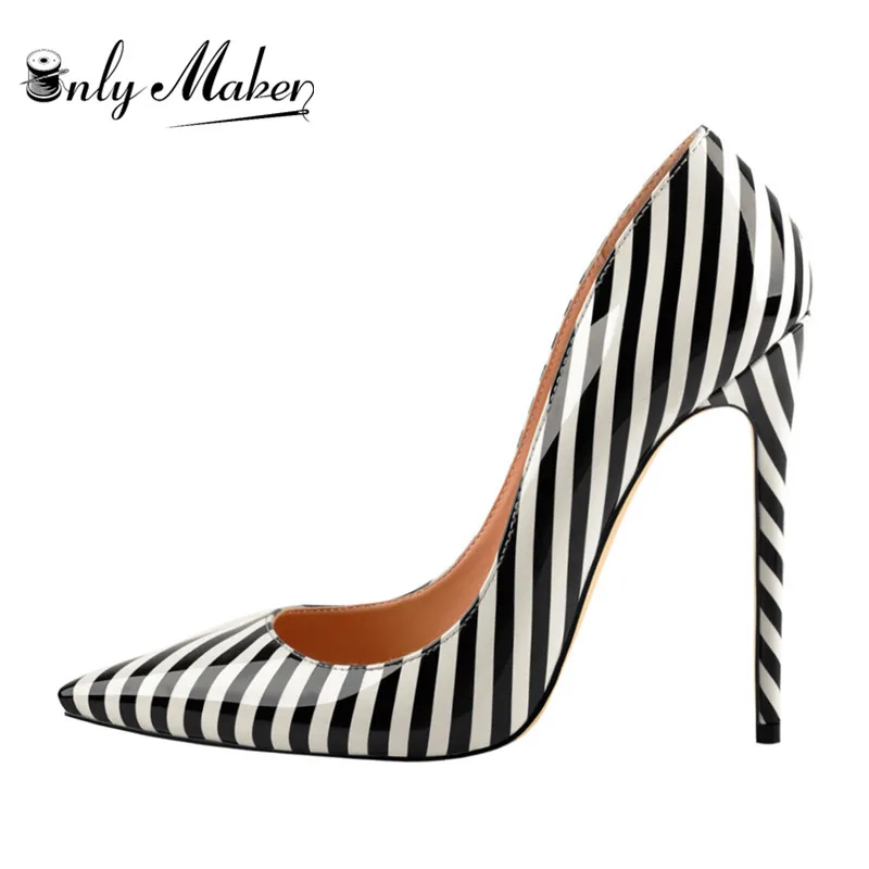 

onlymaker 2019 summer Women Zebra Black White Stripe Elegant 12CM high heel Wedding Shoes US5~US15 Big Size Nice party Shoes