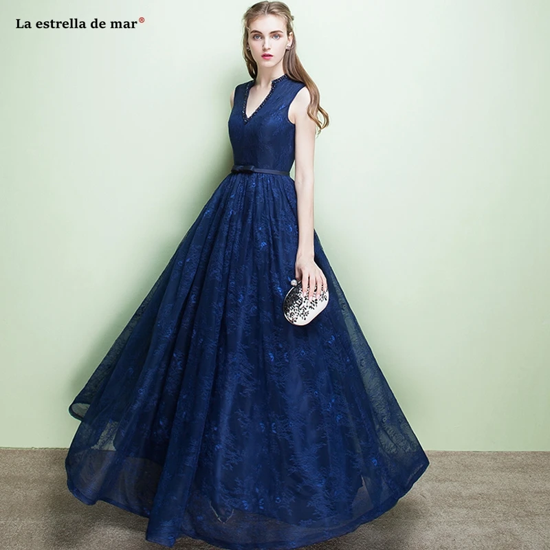 Vestidos de boda; invitada2019 кружевная обувь с украшением в виде кристаллов; пикантные с V-образным вырезом Lina темно-синий, бордовый свадебное платье длиной до пола-Длина sukienka Везель