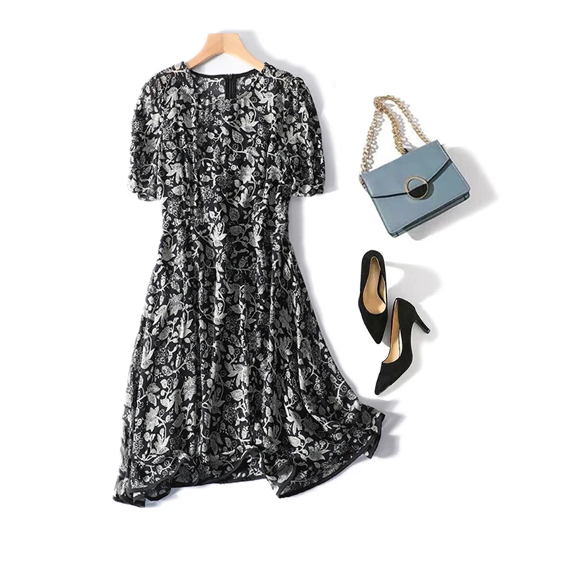 

New 100% silk printed retro breath round collar sleeve mulberry silk dress a8607 5 points