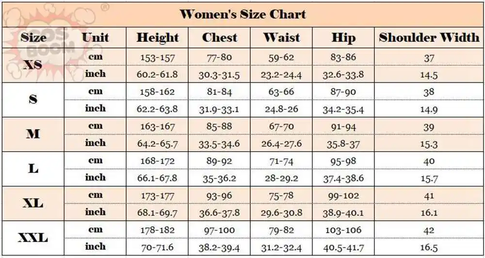XS-XXL FEMALE SIZE CHART