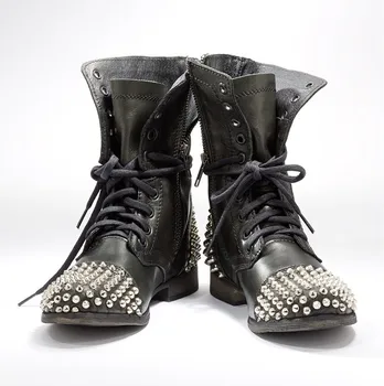 

Women Combat Boots Black 2018 Flat Rivets Ankle Boots Cool Girl Studs Booties Lace Up Punk Shoes Rocker Boots