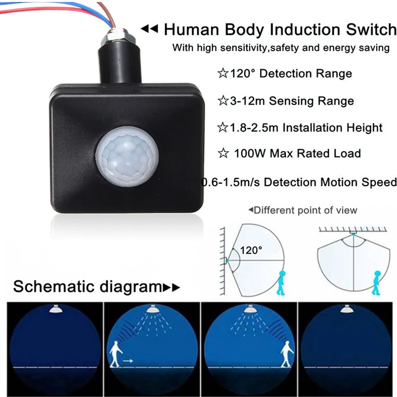 

85-265V 110V 220V Outdoor Security PIR Human Body Motion Sensor Detector Inductor Switch for Led Floodlight black