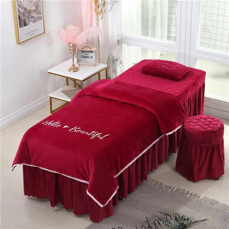 Beauty Salon Bedding Sets Coral Fleece Crystal Velvet Embroidery Bed Skirt Duvet Cover Pillowcase Bedspread High Quality Set#s - Цвет: -LY-04-jiuhong