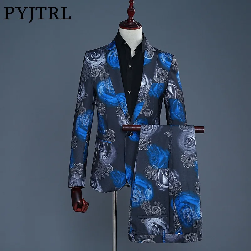 PYJTRL 2018 новый модный мужской синий красный розовый цветочный принт повседневные