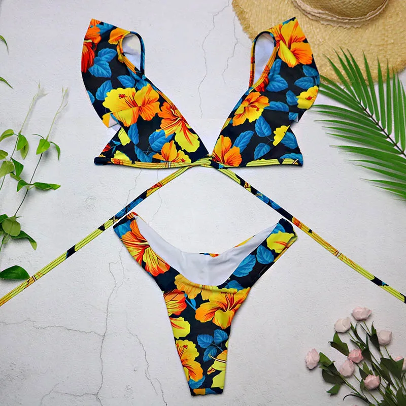 2019 New Sexy Swimwear Off Shoulder Print Ruffled Bikini Mujer Women Swimsuit Brazilian V Neck Bikini Set Thong Biquinis 3761