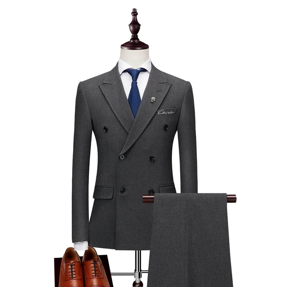 

Elegant Double Boutique Breasted Suit Men 2018 High Quality Groom Wedding Tuxedo Jacket with Pant Slim Fit 3 Piece Business Wear