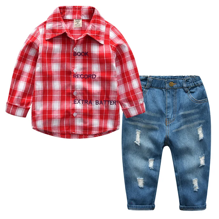 

2 Colours Kids Clothes Boys 5 Years Shirt Long Sleeves Fashion Jeans Toddler Boys Clothing Set Plaid Formal Children Clothing
