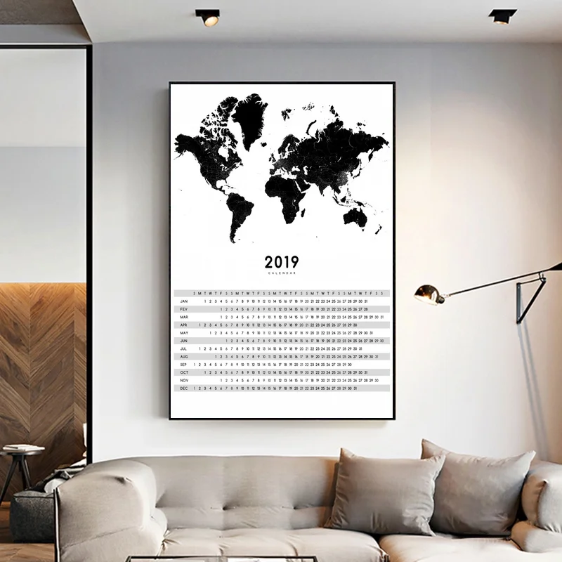 

2019 White Black Calendar Art Canvas Poster Painting Wall for Room Home Decor