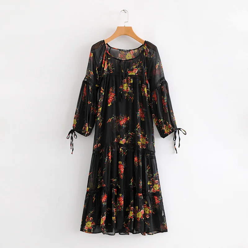 

2019 Summer Beach Sheer Dress Boho Chic Print Mesh Perspective Beach Robe Female Sexy Bohemian Sun Dresses