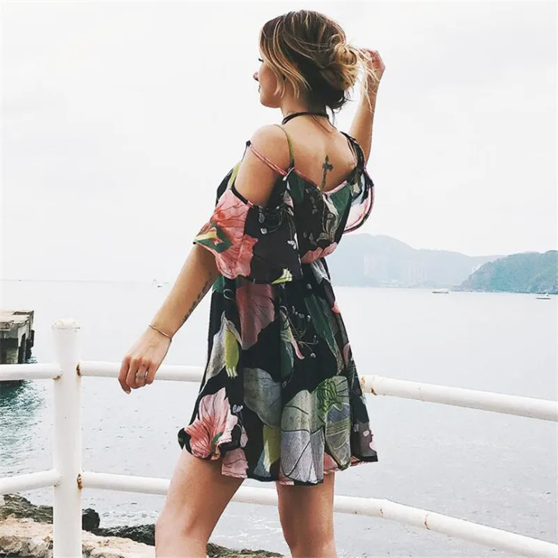 Casual Beach Vacation Dress Cold Shoulder Ruffle Print Summer Dress Women High Waist Strap Chiffon Dress Party Sexy dresses (2)