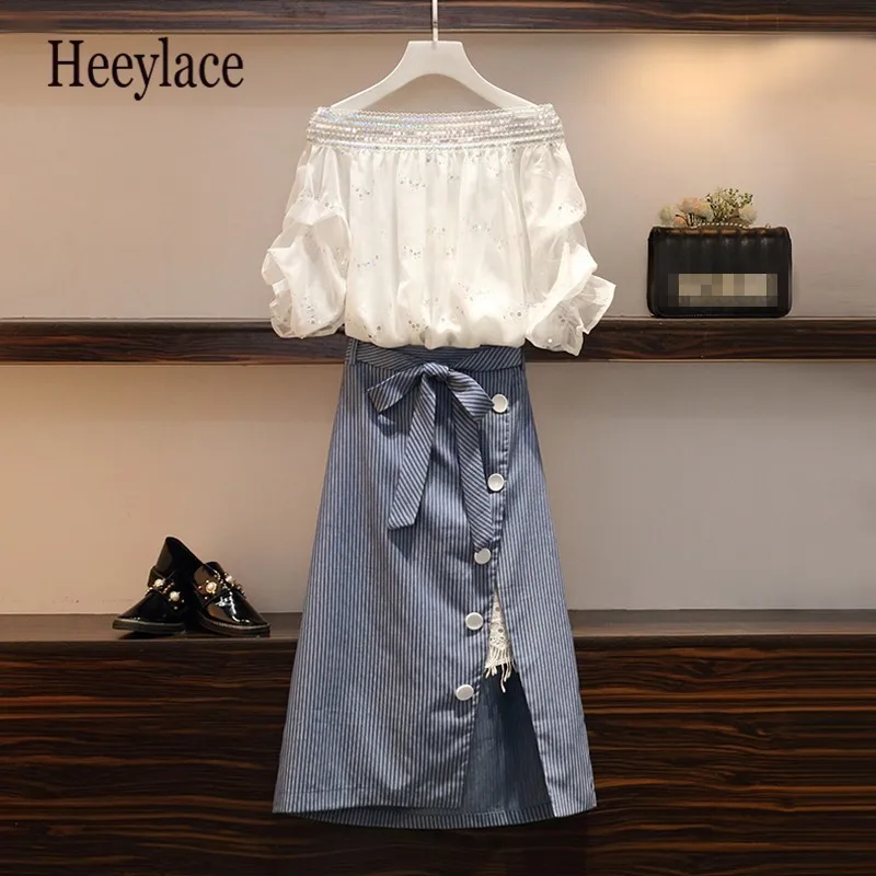 

Two piece short set for women 2019 summer jeans suit Chiffon One shoulder diamond top+high waist striped pants plus size 5xl