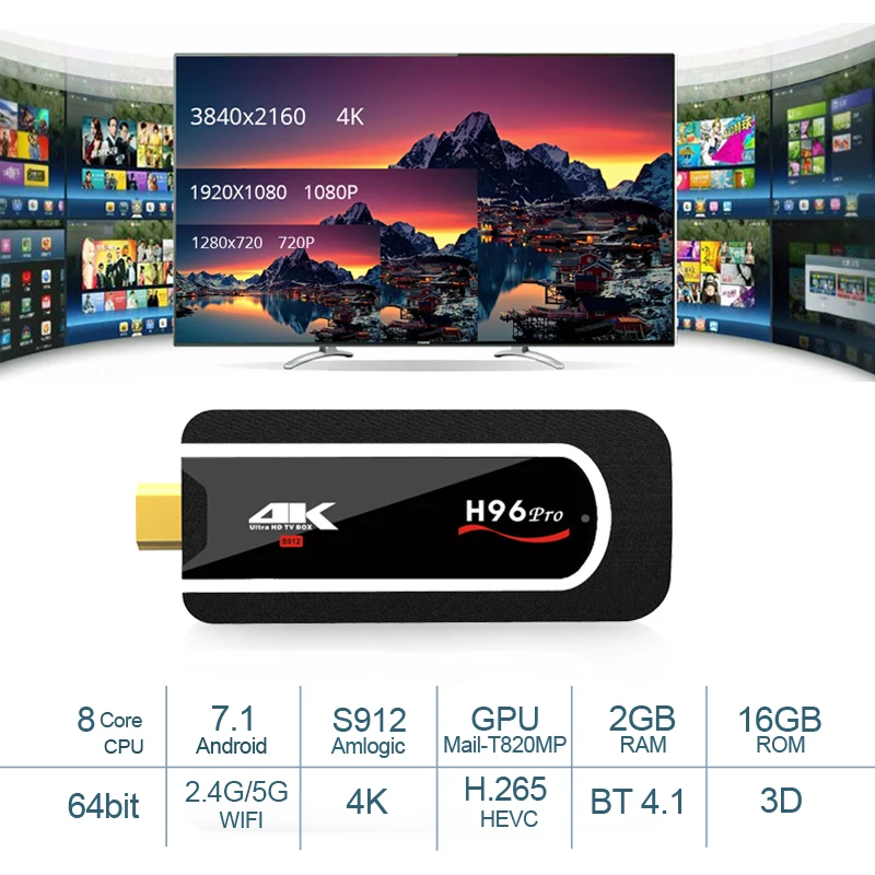 

H96 Pro Android TV Stick OS 7.1 Amlogic S912 Octa Core 64Bit BT4.1 2.4g 5G Wifi TV Dongle 2G RAM 16G 1080 p 4 K HD Mini PC