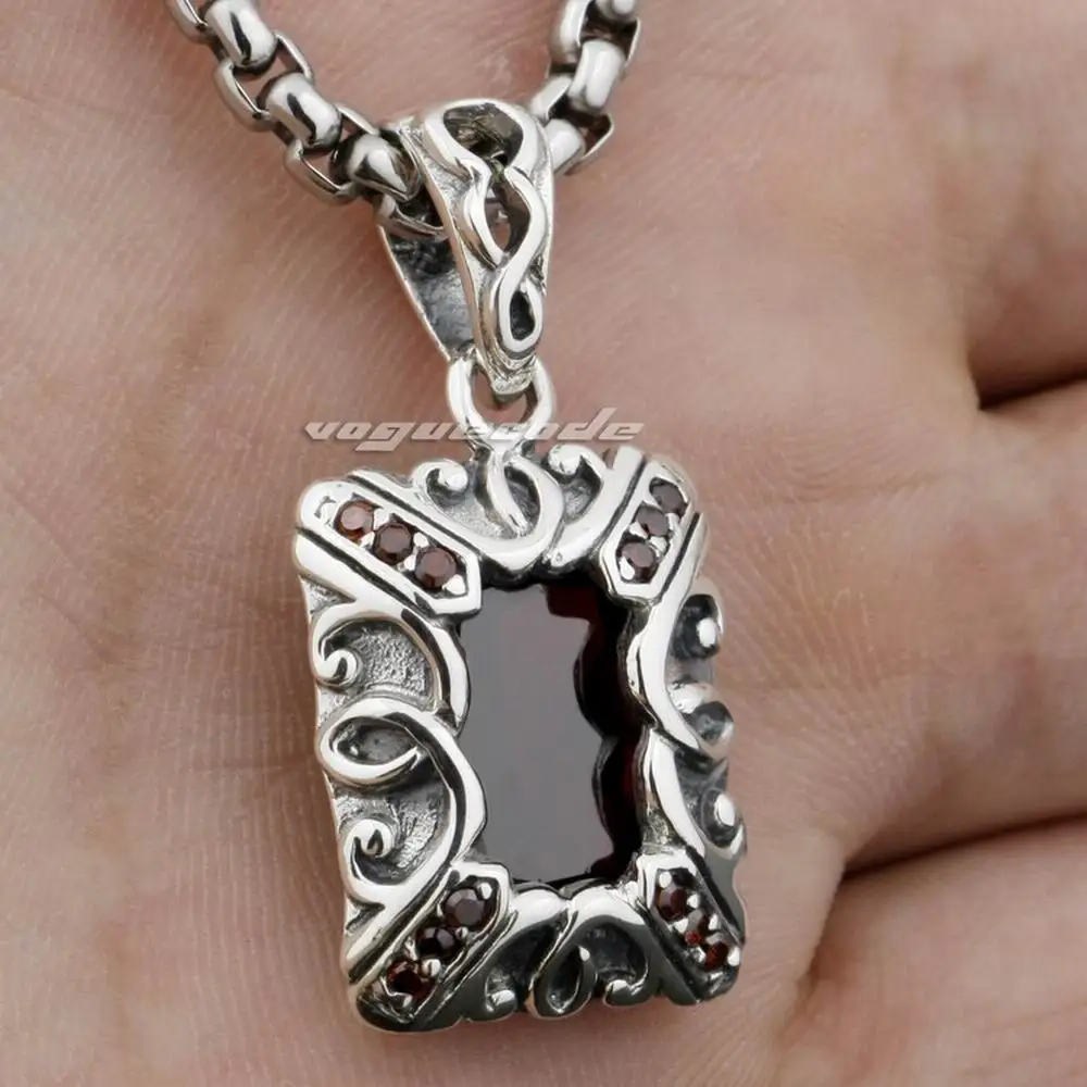 

Square Red CZ Stone 925 Sterling Silver Mens Biker Rocker Pendant 9F017 (Necklace 24inch)