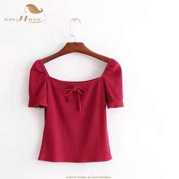 

SISHION 2019 summer vintage style solid stripe sweater slim knitted tops bow short sleeve tee shirts womens SP0265
