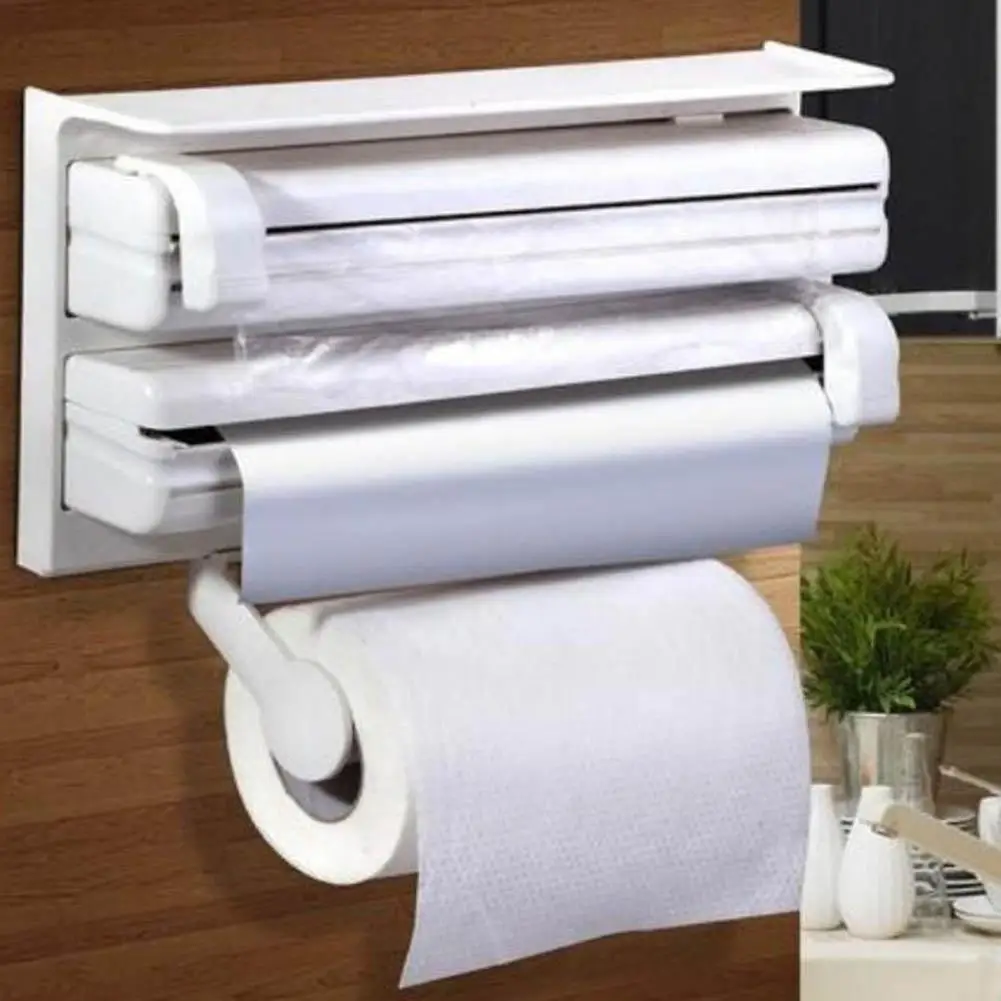

Wall Mounted Kitchen Tissue Roll Holder Cling Film Plastic Saran Wrap Dispenser Bathroom Toilet Paper Towel Roll Shelf Rack