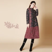 ЛИНЕТТ CHINOISERIE Зима Оригинальный Дизайн Женщин Национальная Тенденция Свободные Печати Лоскутное Старинные Хлопка Ватник Верхняя Одежда