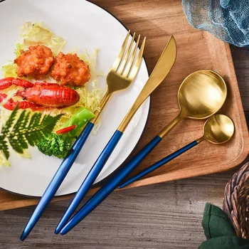 

Blue gold Cutlery Set 304 Stainless Steel Western Kitchen Food Tableware Sets Fork Steak Knife Dinnerware Set Drop Shipping