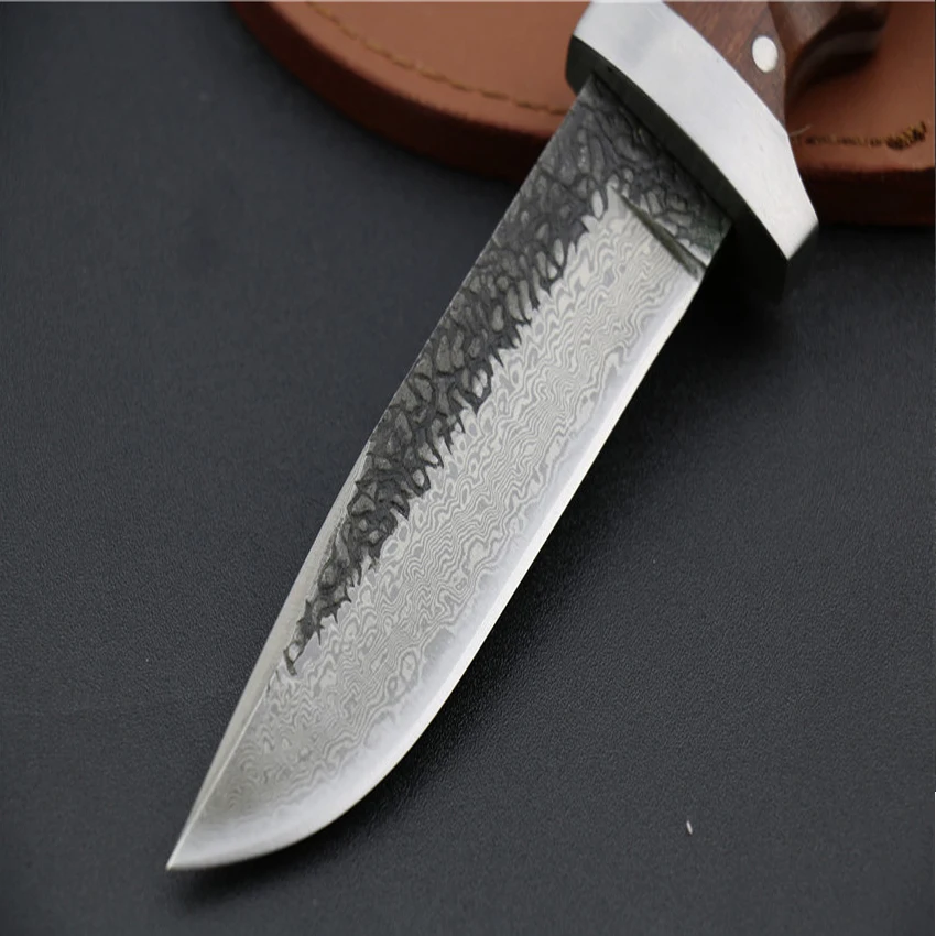 wholesale pattern Damascus steel manual forged straight knife 62HRC hardness outdoor self-defense knife hunting