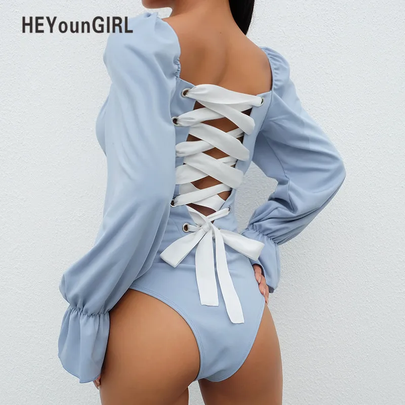 HEYounGIRL с расклешенными длинными рукавами, боди, женское Бандажное боди с открытой спиной, сексуальное боди, Женские винтажные повседневные боди, облегающие комбинезоны с u-образным вырезом