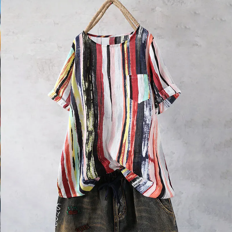 Plus Size Large Cotton India Folk Pockets Women Tunic 2019 Summer Half Sleeve O Neck Loose Paint Striped Rainbow Female Blouses