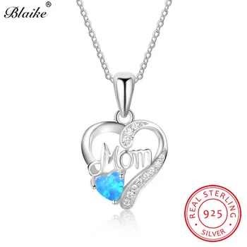 

Blaike Genuine 925 Sterling Silver Round Blue Fire Opal Pendants For Women White Zircon Birthstone Heart Necklace Mother Gifts