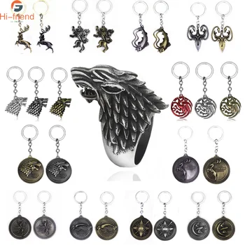 

HOT Movie Keychain Set House Stark Wolf Head Series Key rings High quality Targaryen Dragon Alloy pendant men jewelry