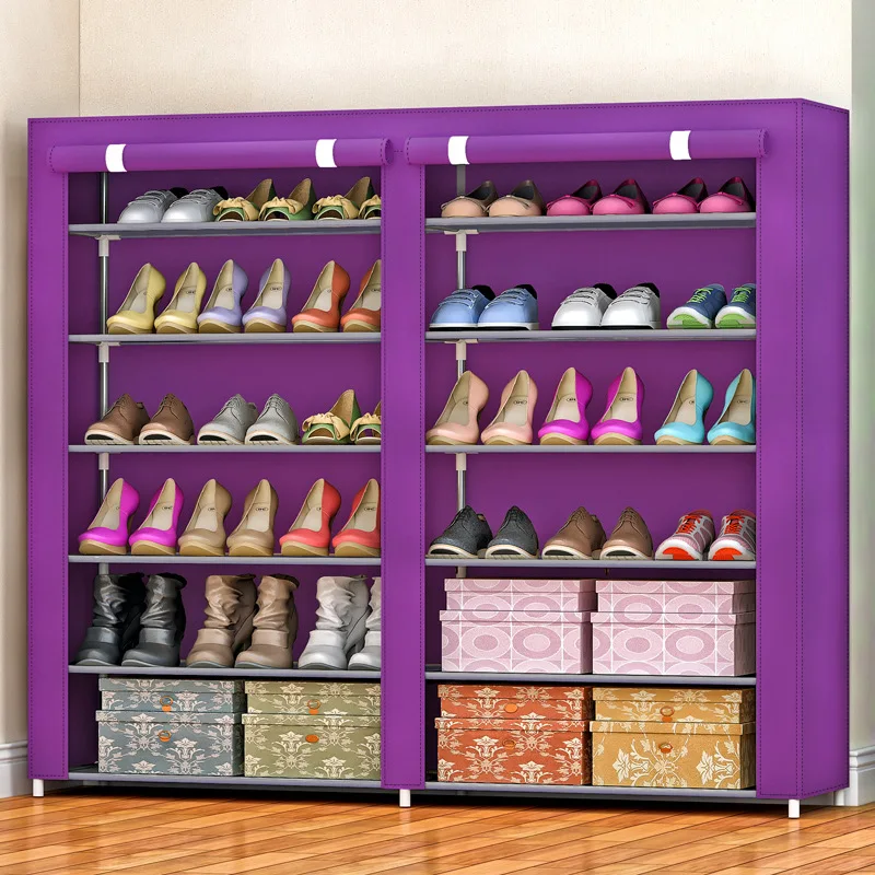 Simple Double Row Shoe Cabinet Thicken Non-woven Damp-proof Steel Pipe Storage Furniture Assembled Living Room Shoe Organizer