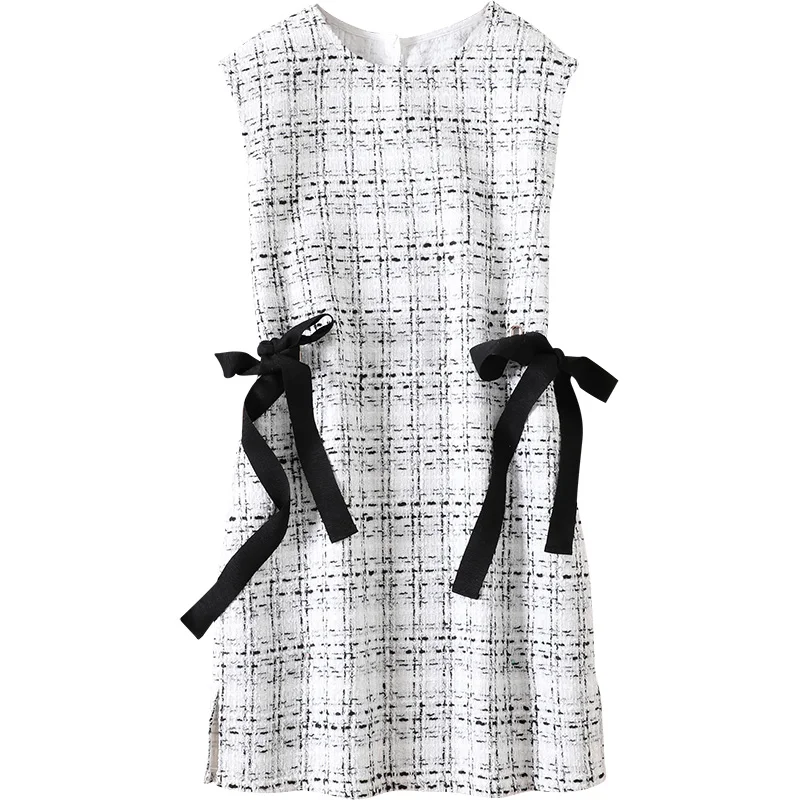 

2019 Autumn Winter Brand Office Lady O Neck Tweed Wool Plaid Dress Women Elegant Tank Sleeveless Bow Waist Mini Tweed Dress