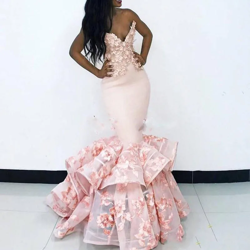 2018 Sweetheart Slim Blush Pink African Prom Dresses Lace Appliques Mermaid Evening Dress Backless Tiered Gown Vestidos De Soiree Dubai169