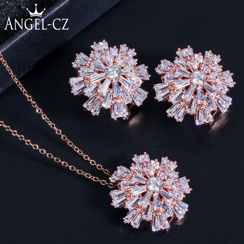 ANGELCZ Designer Baguette Cubic Zirconia Big Snowflake Pendant Necklace Earring Rose Gold Color Jewelry Set Christmas Gift AJ147 | Украшения