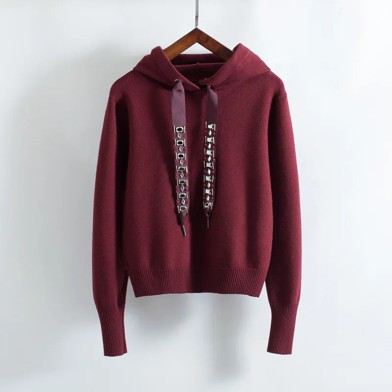 

autumn women's sweatshirt casual solid color beaded decorative knit hooded sweatshirt