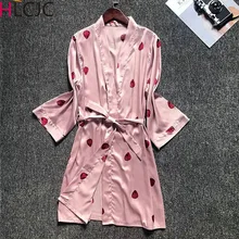 Женский шелковый атлас Короткий Ночной халат однотонный кимоно халат сексуальная отделка халат пеньюар халат Мода Клубника милое домашнее платье