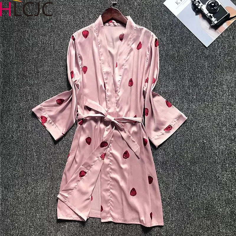 

Women Silk Satin Short Night Robe Solid Kimono Robe Sexy Trim Bathrobe Peignoir Robe Fashion Strawberry Lovely Robe