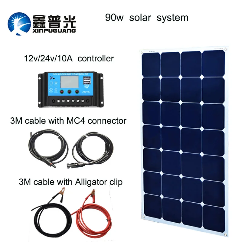 

90w Solar Panel System Cell Module 10a Controller Cable Mc4 Connector Diy Kit 12v Battery Energia Solar Power Aluminum