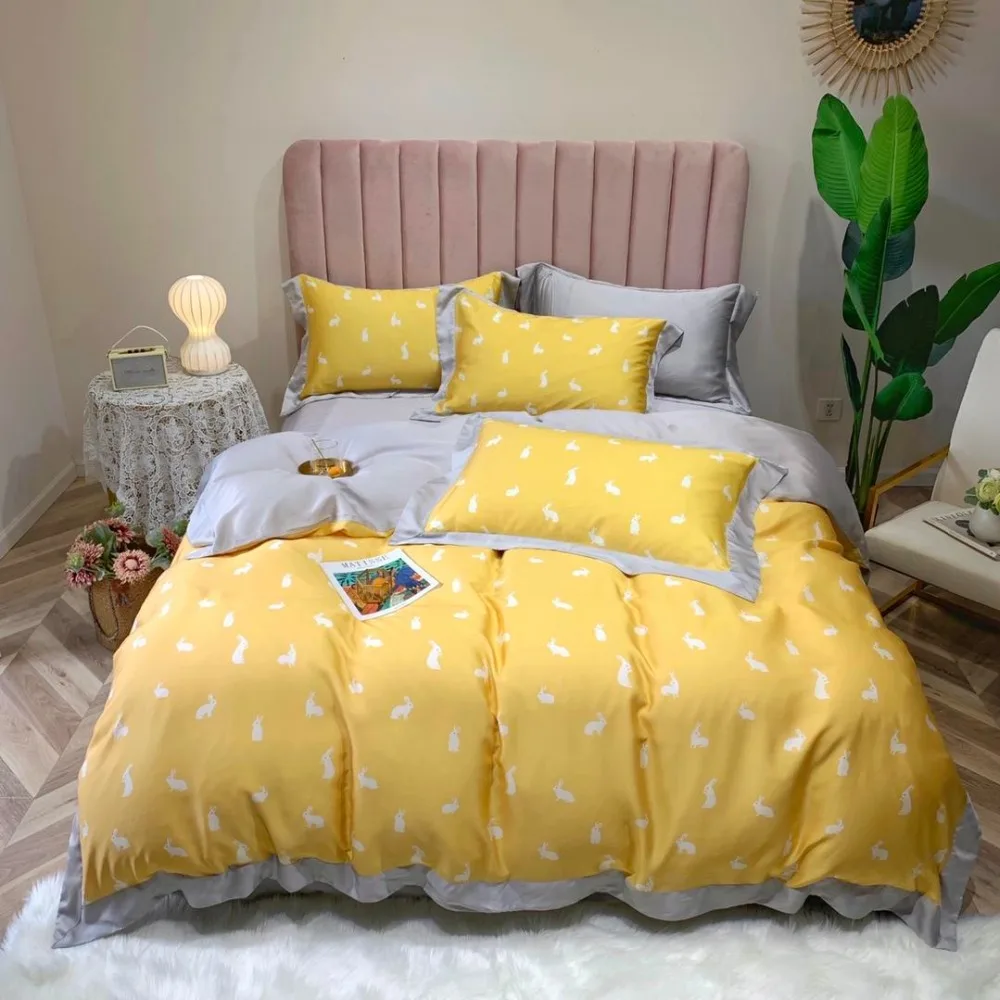 

Luxury Tencel Bedding Set Little White Rabbit Embellishment Bed Set Queen King Size Bed Sheet Yellow Duvet Cover Set Bed Linen