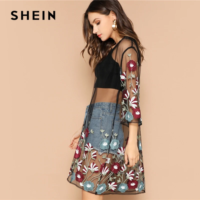 SHEIN Multicolor Flower Embroidery Mesh Sheer Boho Longline Kimono Cardigan Women Summer Long Sleeve Beach Vacation Sexy Kimonos