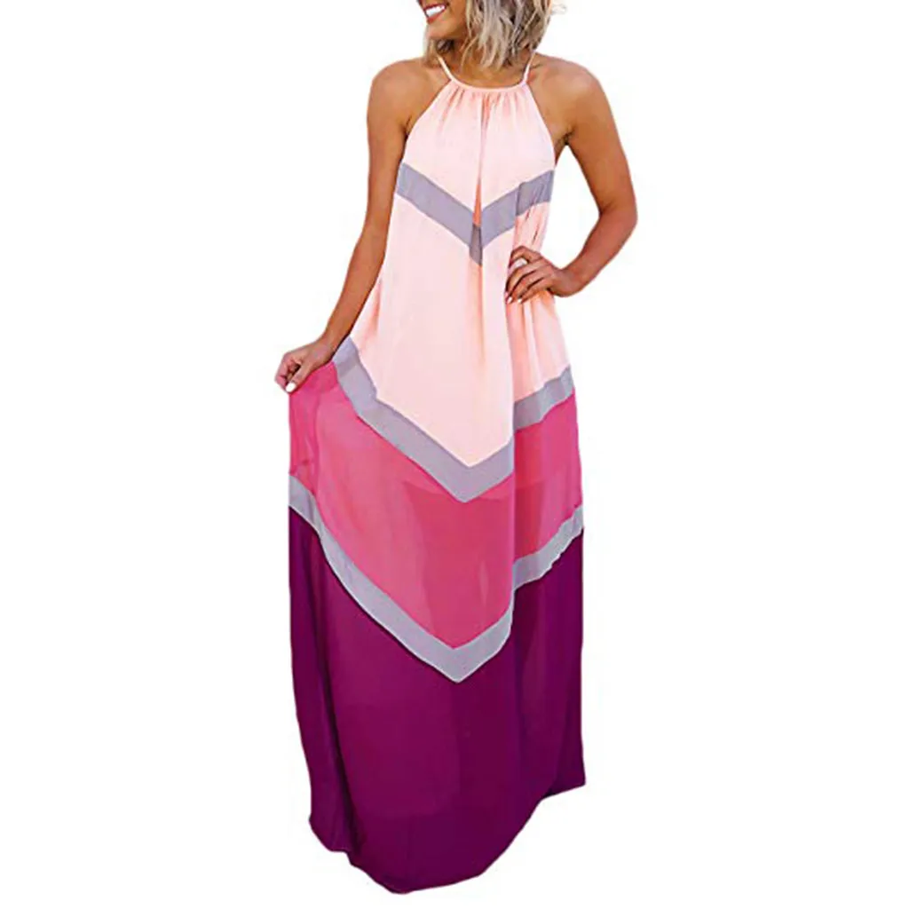 Dresses Woman Party Night Summer Dress Women Halter Striped Color Patchwork Pleated Back Hollow Out Maxi Long Dress Girl Clothes