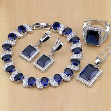 925 пробы Серебряные ювелирные изделия голубой циркон белый CZ Ювелирные наборы для Для женщин ювелирные изделия серьги/подвеска Цепочки и ожерелья/кольца/браслет