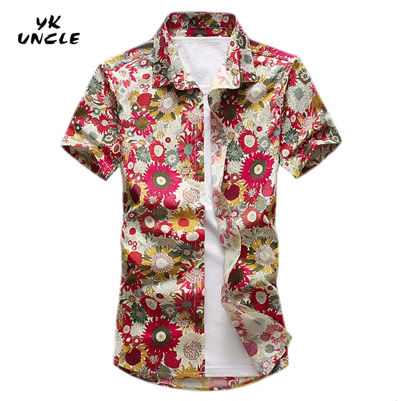 YK дядя бренд Для мужчин рубашка короткий рукав 2017 Рубашки для мальчиков Для мужчин Повседневное мужской Slim Fit Модные Цветочные сорочка Для
