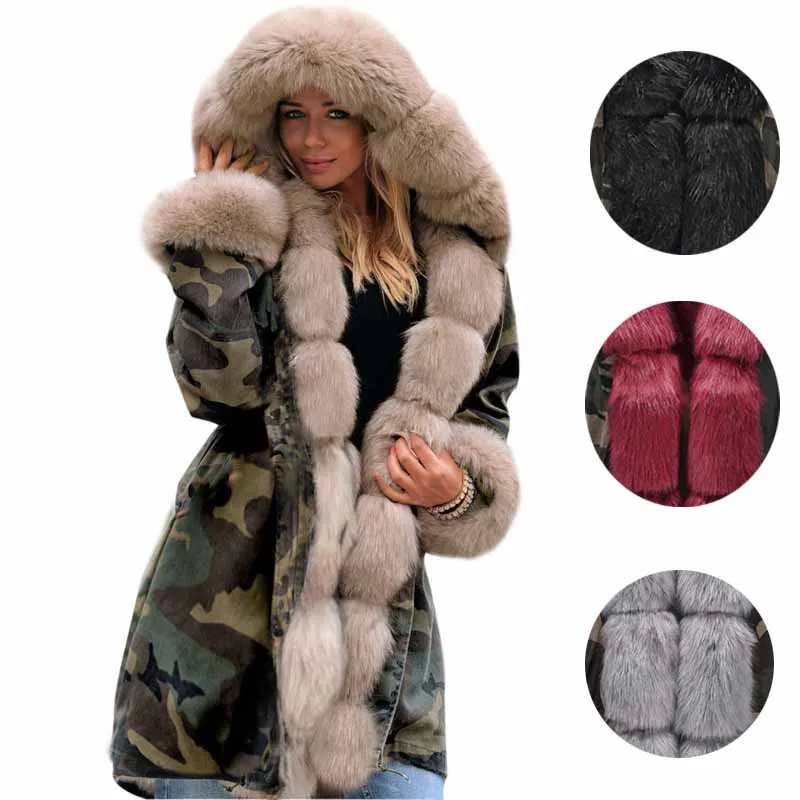 2019 Fur Hooded Camouflage Winter Coat Women Jacket Cotton