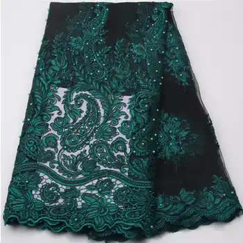 French Bead Lace Fabric Green 2018 Latest African Mesh Tulle Lace Fabric 5Y Nigerian Guipure Lace Fabric High Quality XY539B