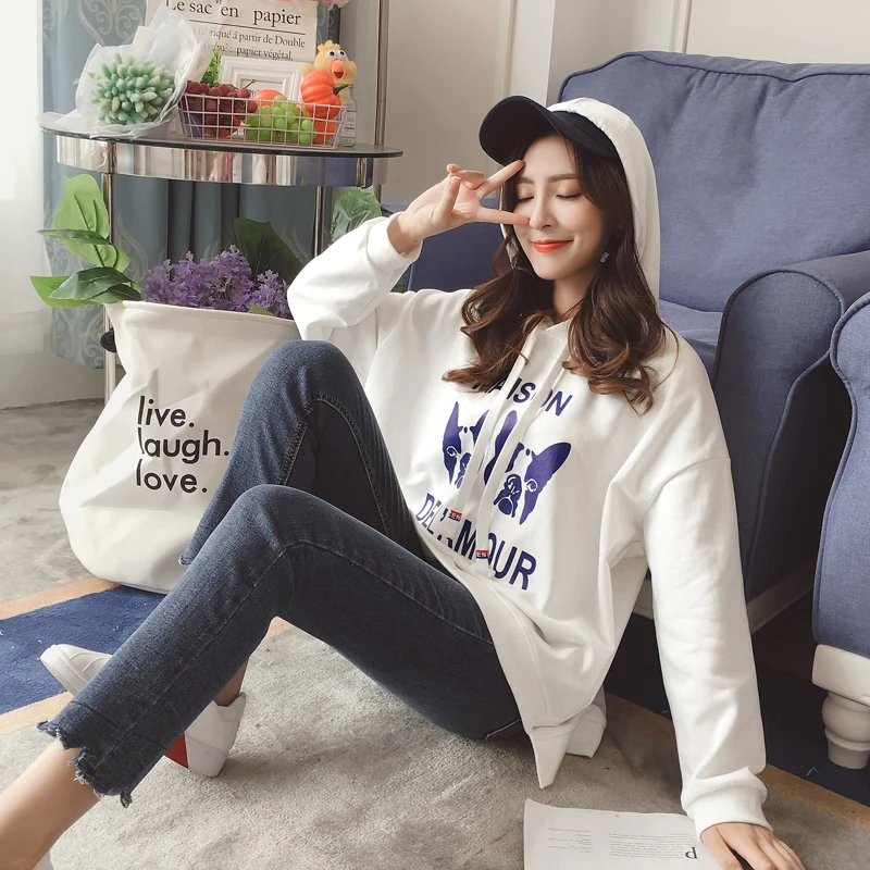 2 cute dogs Printed Fashion autumn winter white Hoodies Harajuku Womens loose Characteristic Hem Design Long Sleeve Sweatshirt Hoodies
